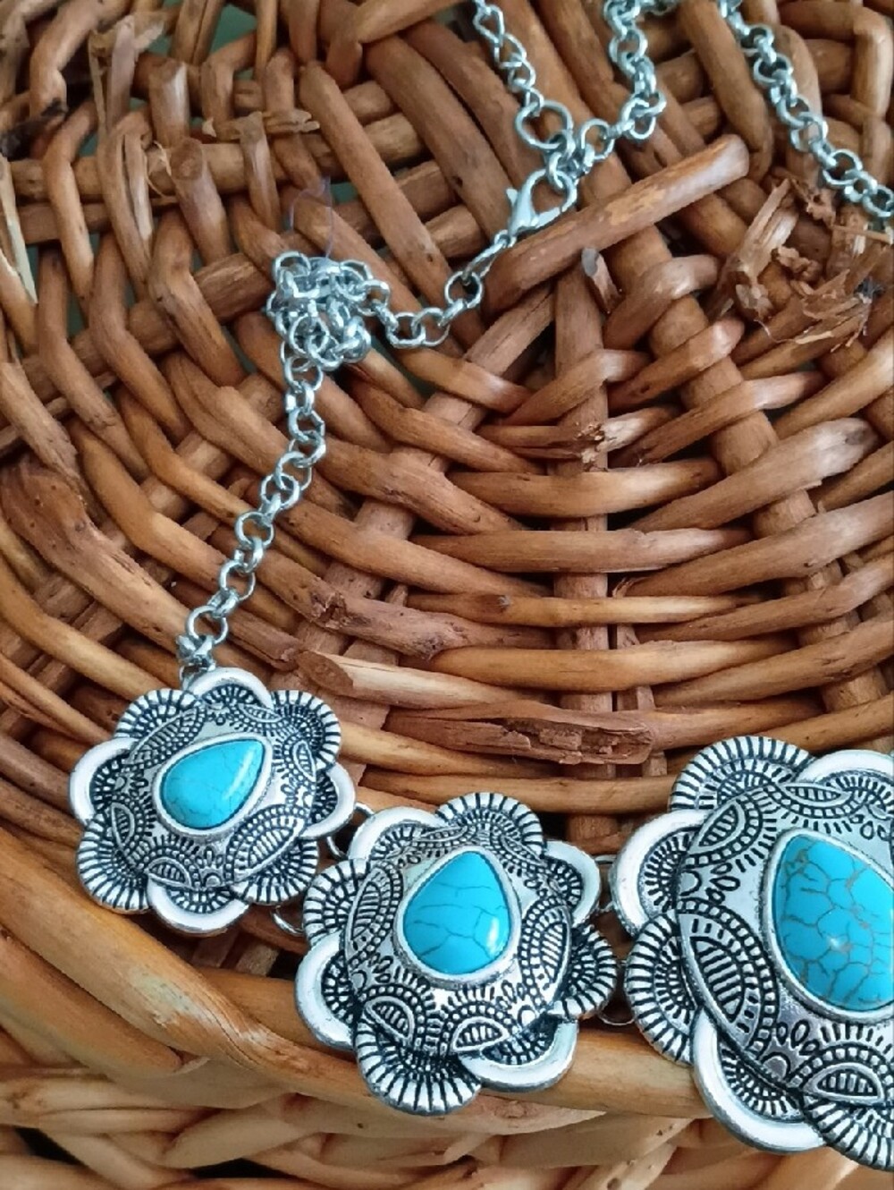 Turquoise Stone Silver-Plate Statement Necklace - Women Jewelry - Picture 6 of 7